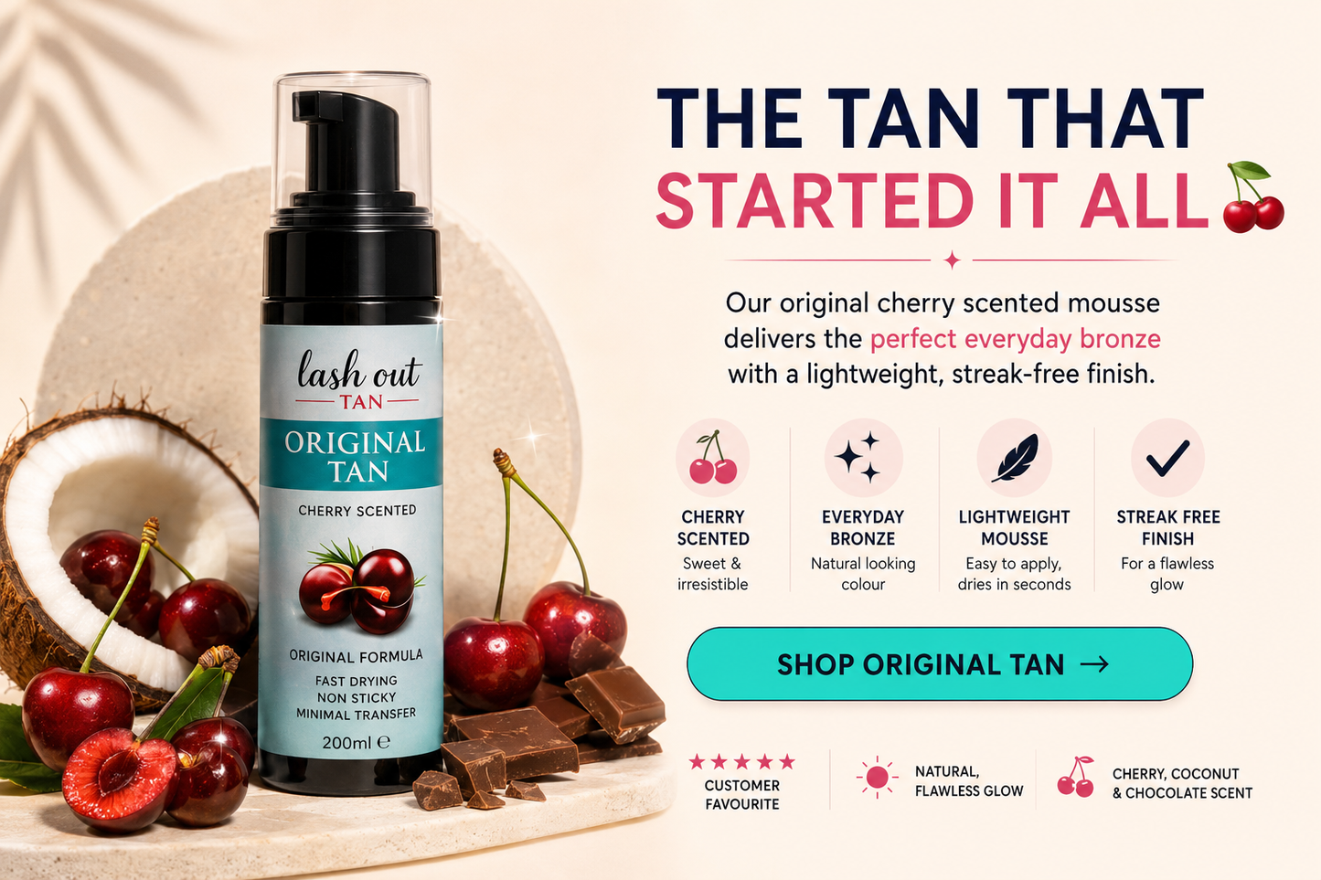 Lash Out Tan Original Formula Self Tanner | Beginner-Friendly, Fast-Drying Fake Tan (Coconut, Cherry, Chocolate & Fragrance-Free)