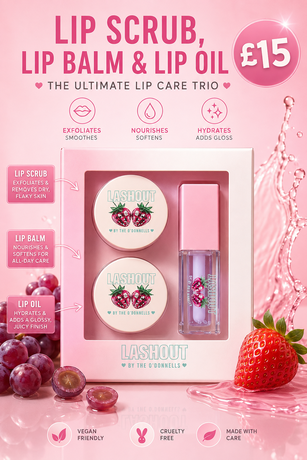 Lash Out Lip Care Trio Gift Set | Lip Scrub, Lip Balm & Lip Oil